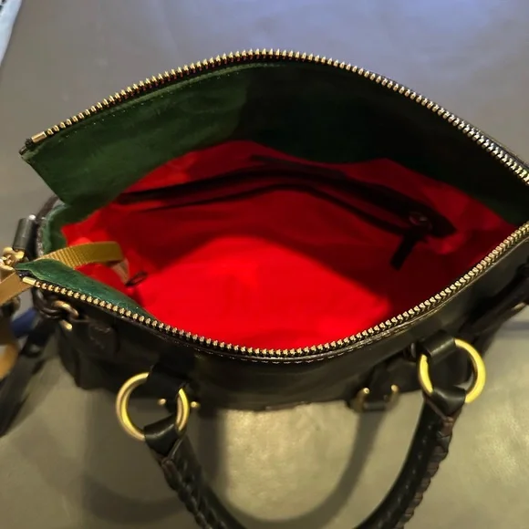 Dooney & Bourke Black Leather Satchel w/ Tassel Details & Red Lining - Picture 5 of 6